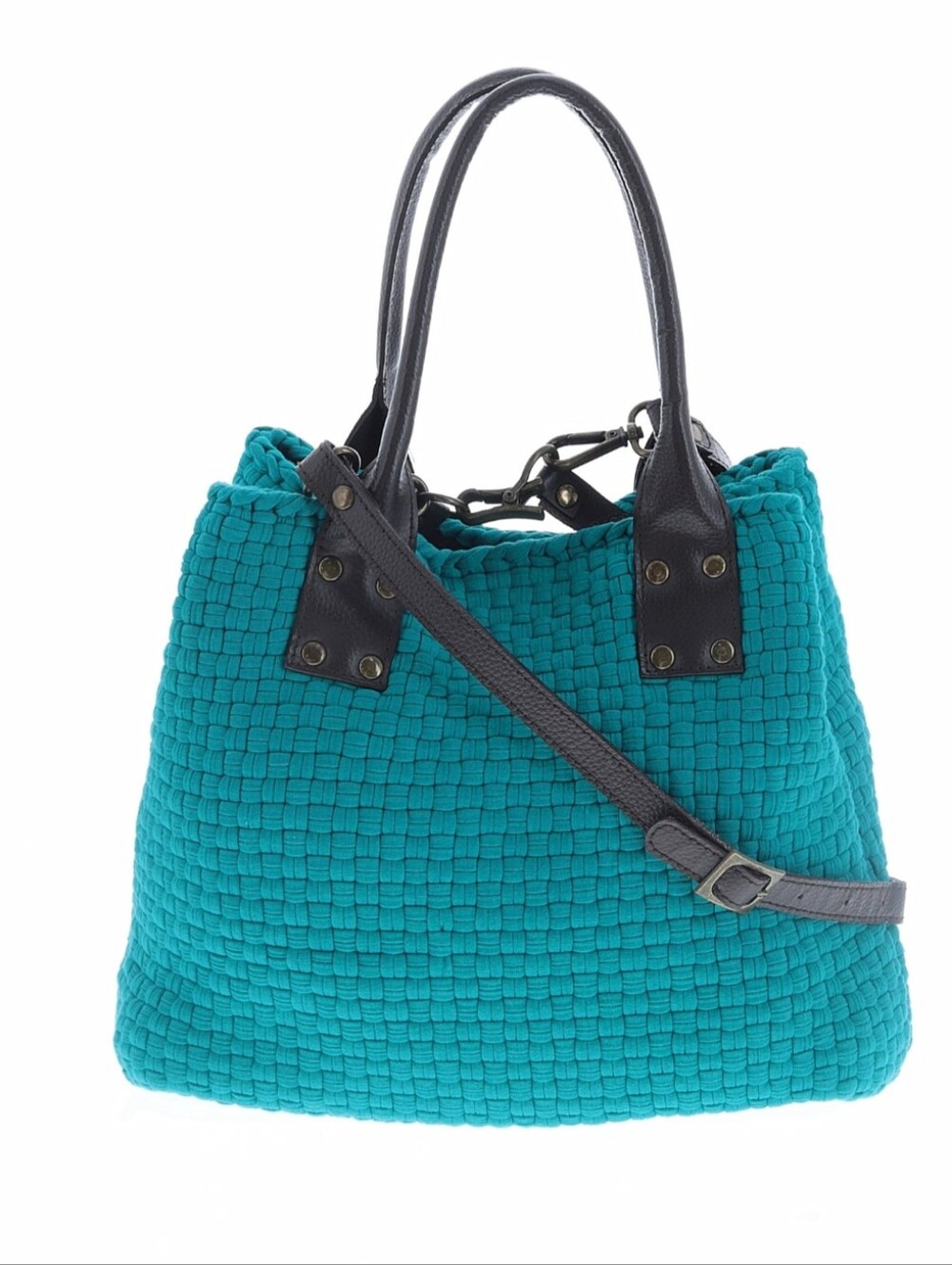 Teal Woven Tote Bag with Brown Handles